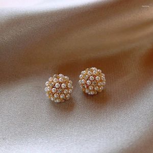 Boucles d'oreilles à tige en forme de corée du sud, bijoux à la mode, plaqué or 14 carats, perles rondes en Zircon, simples, élégantes, accessoires de travail quotidien pour femmes
