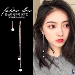 Boucles d'oreilles coréennes pour femmes, 100 perles, mode asymétrie, longue oreille, pendentif, visage, ligne fine