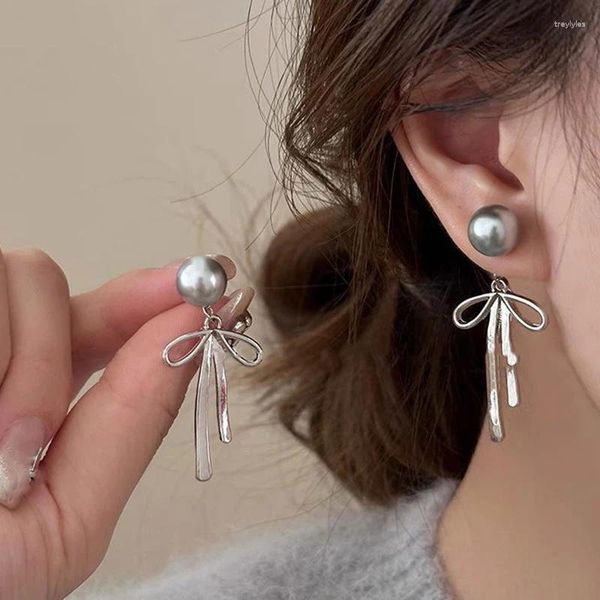 Boucles d'oreilles South Corée du Sud Elegant Simple Bowknot Grey Pearl Long Sangle For Women Fashion Sweet Metal Y2K Cadeaux bijoux tendus