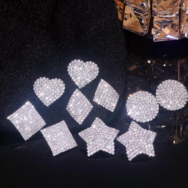 Pendientes de tuerca con forma de corazón de cristal brillante para mujer, bisutería geométrica grande y cuadrado, diamantes de imitación completos, regalos de joyería para boda