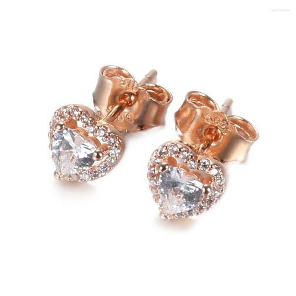 Pendientes de botón Pendiente elevado brillante para mujer auténtica joyería de plata de ley S925 regalo de cumpleaños para niña Color oro rosa