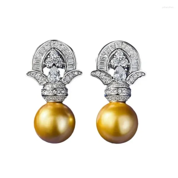 Pendientes de tuerca Primavera Qiaoer Plata de ley 925 11 mm Perla amarilla Diamantes con alto contenido de carbono Gota de piedras preciosas para mujeres Regalos de joyería fina