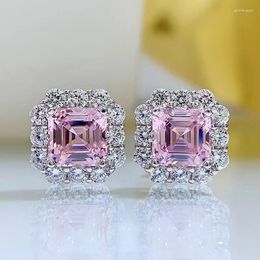 Stud Oorbellen Lente Qiaoer Luxe 925 Sterling Zilver 2CT Roze Kwarts Topaas Voor Vrouwen Lab Diamond Engagement Fijne Sieraden Gift