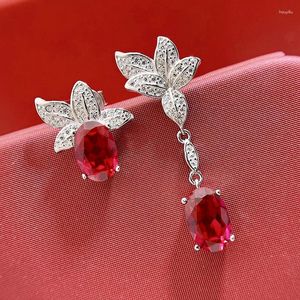 Pendientes SpringLady de oro blanco de 18 quilates, piedras preciosas de zafiro rojo de 7, 9MM para mujer, regalo de aniversario, joyería de plata de ley 925