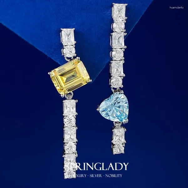 Pendientes SpringLady Plata de ley 925 Esmeralda Corte de corazón Citrino Aguamarina Diamante con alto contenido de carbono Piedras preciosas Joyería de fiesta