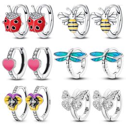 Boucles d'oreilles Springtime pour femmes 925 Couleur argentée Charme original Double cerceau Butterfly Insect Party Bijoux d'anniversaire Cadeaux