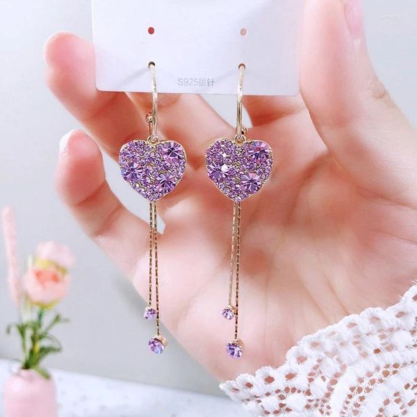 Pendientes de sementales Geometría cuadrada Long Fashion Girl Tassel Flower Purple Rhinestone Korean Love Heart Pendiendo Joya para mujeres para mujeres