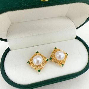 Stud Oorbellen Vierkant Retro Oorbel Echte Natuurlijke Zoetwaterparel 14k Goud Gilled voor Vrouwen Bruiloft Sieraden Cadeau