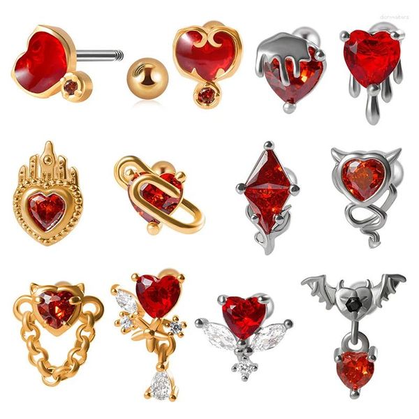 Pendientes de tuerca de acero inoxidable, 20G, en forma de corazón, rojo, personalidad, tendencia, murciélago, diablo, cinturón, varilla recta, perforación de hueso del oído