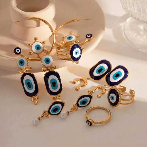 Pendientes de tuerca de acero inoxidable, color azul, pendiente de ojo, serie de anillos, moda étnica retro del diablo, regalo de joyería de perlas de metal grueso resistente al agua