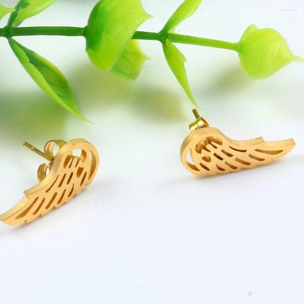 Boucles d'oreilles en acier inoxydable, polissage plat, plume, bijoux d'oreille hypoallergéniques pour femmes, aile d'ange Bricos