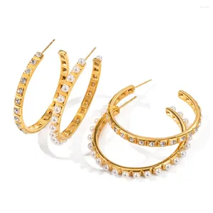 Boucles d'oreilles en acier inoxydable PVD plaqué or 18 carats, ternissement imperméable, pierre transparente, cerceau de perles pour femmes, bijoux tendance, vente en gros