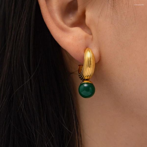 Boucles d'oreilles en acier inoxydable PVD plaqué or 18 carats ternir imperméable perles vertes perle boucle d'oreille pour femme bijoux en gros à la mode