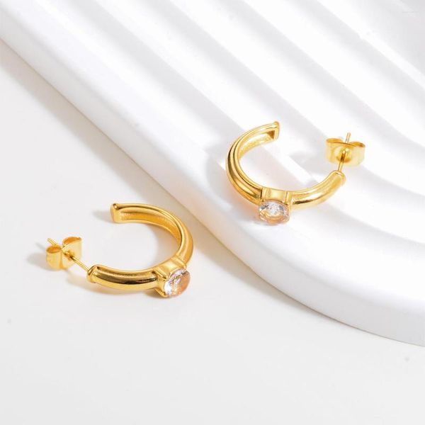 Boucles d'oreilles rondes en acier inoxydable pour femmes, cerceau à breloques plaqué or en forme de C, accessoires de bijoux minimalistes, vente en gros