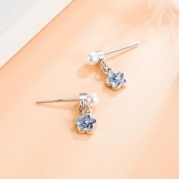 Boucles d'oreilles Sterling Couleur de perle bleu fleur-oreille-oreilles