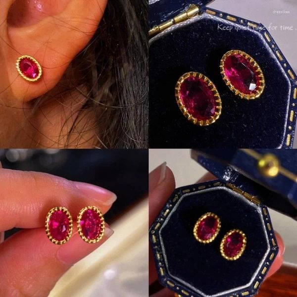 Boucles d'oreilles à tige en argent sterling plaqué or avec rubis simulé, petits clous d'oreilles à la mode