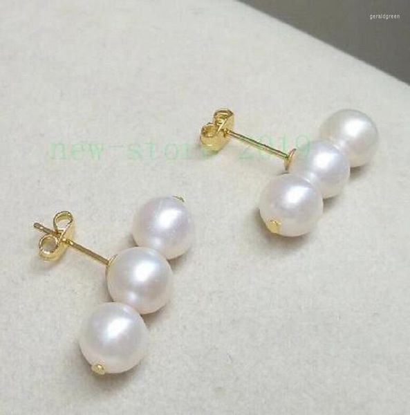 Impresionantes pendientes de tuerca de 7-8 mm, blanco natural real, redondo, perla de Akoya, pendientes de oro de 14 quilates, joyería fina, fabricación de joyas