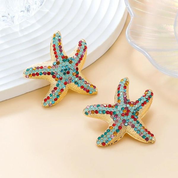 Pendientes de tuerca tendencia de verano Metal Multicolor Rhinestone estrella de mar cuelgan fiesta en la playa joyería creativa accesorios de encanto de mujer regalo