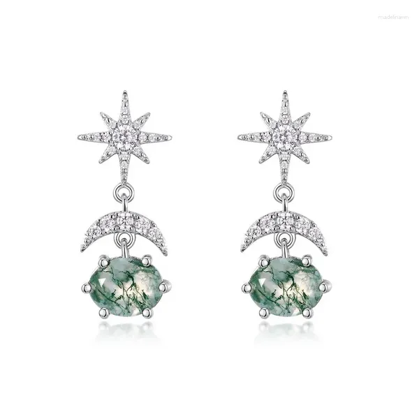 Aretes Sol Luna Tonghui Verde Musgo S925 Plata Con Incrustaciones Agua Hierba Ágata Moda Europea Y Americana