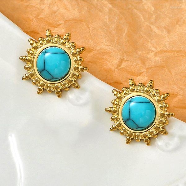 Pendientes de tuerca, pendientes de girasol de acero inoxidable para mujer, pendientes redondos de piedra Natural turquesa con incrustaciones, joyería de moda 2023