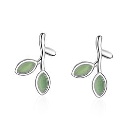 Pendientes de tuerca con bonitas hojas de cristal verde para mujer, joyería de fiesta, pendientes de plata de ley 925 a la moda, regalos para niñas