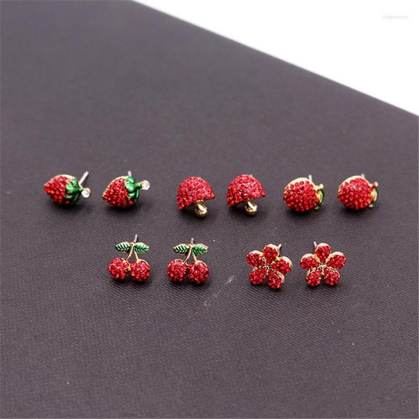 Pendientes de tuerca dulce fresa cereza manzana fruta moda flores rojas joyería delicada de las mujeres al por mayor