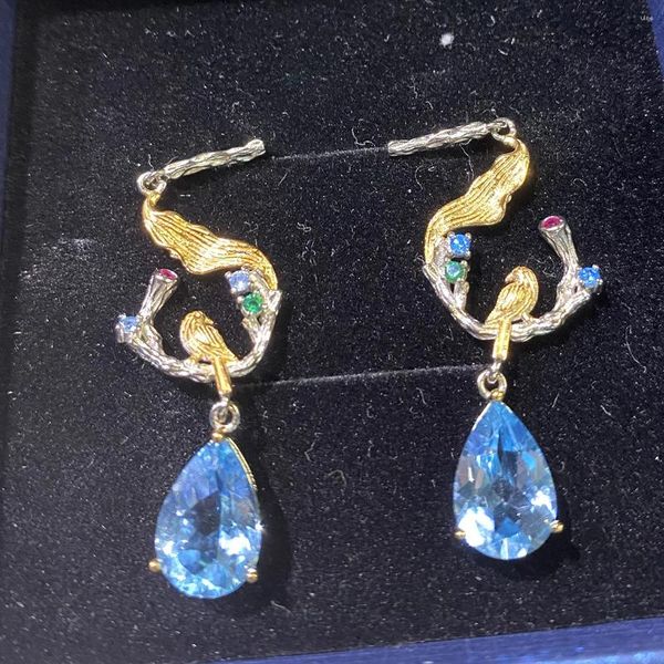 Boucles D'oreilles Puces Topaze Bleue Suisse En Argent Terling 925S