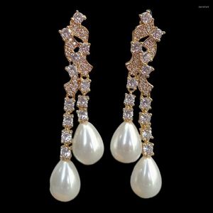 Boucles D'Oreilles Tige Larme Blanc Mer Vendre Perle Cz Pave Plaqué Or Jaune Elégant