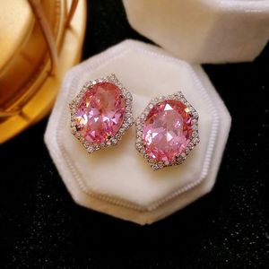 Oorknopjes Temperament Roze Toermalijn Glitter Diamant Kleur Jewel Zirkoon Vrouwelijke Celebrity Wind Oor Sieraden