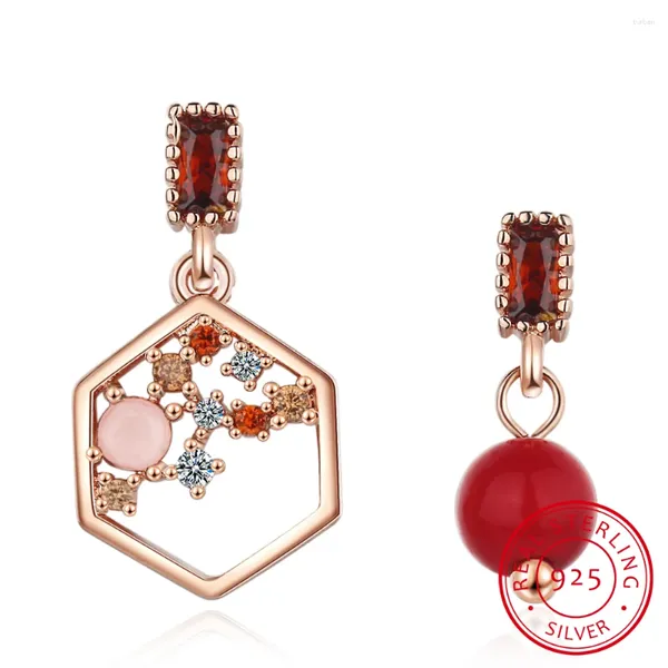 Pendientes de sementales temperamento rojo perla hexágono asimétrico retro 925 sterling silver circonia arete joyería fina