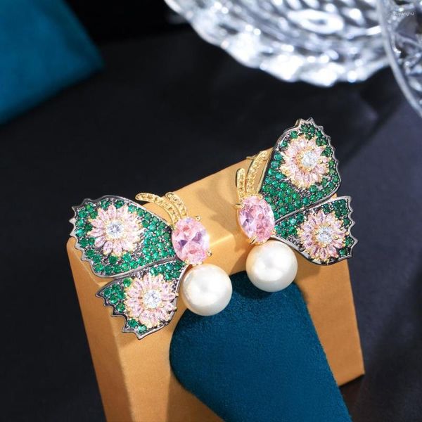 Pendientes de tachuelas Tres gracios hermosos rosa verde cúbico imitación perla gran mariposa para mujeres joyas de fiesta de lujo e1406