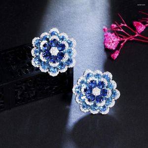 Stud Oorbellen ThreeGraces Elegante Blauwe Zirconia Grote Bloem Voor Vrouwen Koreaanse Mode Zomer Feestsieraden Accessoire E850