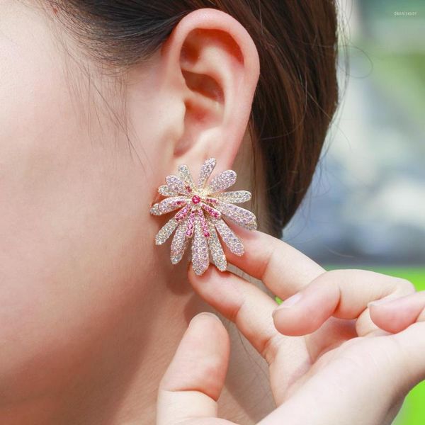 Boucles d'oreilles à tige ThreeGraces élégant rose cubique zircone grande déclaration fleur de feu d'artifice pour les femmes bijoux de mariage de luxe ER607