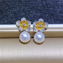 Pendientes TOP PERFECT 9-10mm MAR DEL SUR BLANCO PERLA REDONDA Flor de plata de ley S925