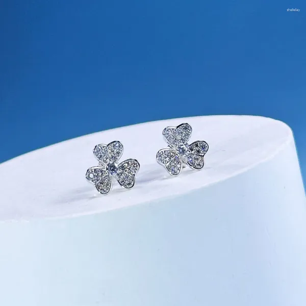 Pendientes de tuerca de Plata de Ley 925 pura clásica con tres flores de trébol, joyería de circonitas, regalo de Festival para mujer