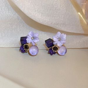 Oorknopjes Trendy 14K Vergulde Paarse Opaal Kristal Bloemen Voor Vrouwen Meisje Koreaanse Mode-sieraden S925 Zilveren Naald Zirkoon