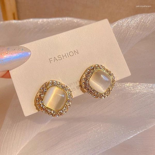 Boucles d'oreilles tendance 14K plaqué or véritable opale géométrique carré pour femmes fille bijoux Zircon S925 argent aiguille fête
