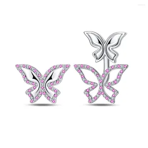 Boucles d'oreilles étalon tendance 925 argent sterling rose double papillon asymétrique pour les accessoires de bijoux de jeu forestier pour femmes