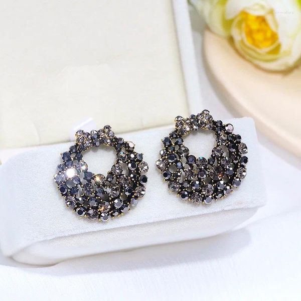 Boucles d'oreilles à clous en cristal pour femmes, breloque tendance, grand nœud papillon, élégant, strass noir scintillant, accessoire de bijoux à la mode