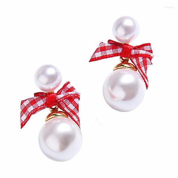 Pendientes de tuerca a la moda con cinta romántica bonita, pendiente de perla simulada para mujer y niña, accesorios de joyería para fiesta y fecha