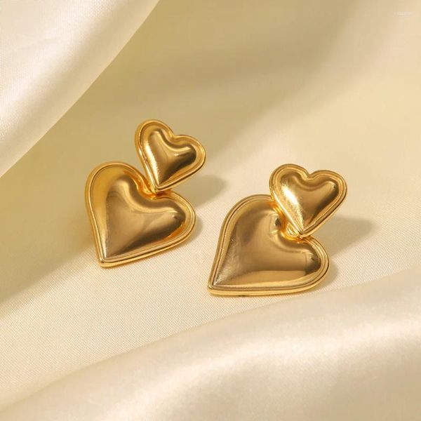 Boucles d'oreilles à tige tendance, Double cœur, en acier inoxydable 18 carats, plaqué or et argent, goutte d'amour lisse