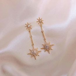 Boucles d'oreilles tendance étoile à huit branches, longue frange, luxe en Zircon pour femmes, accessoire inhabituel, cadeau, bijoux à la mode pour filles