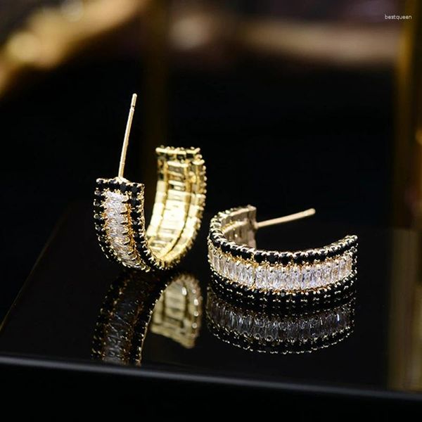 Boucles d'oreilles tendance exquises plaquées or 14 carats, forme géométrique noire en forme de C pour femmes et filles, bijoux en Zircon S925, cadeau d'aiguille en argent