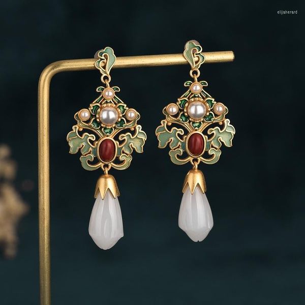 Pendientes de tuerca de moda de Color dorado, gota de flor esmaltada 2023, colgante de moda para mujeres, joyería de estilo chino, regalo de fiesta para niñas