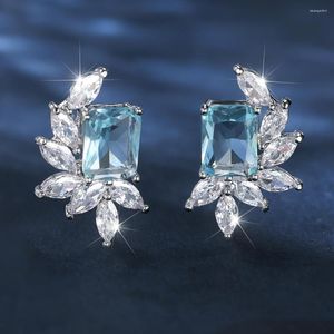 Stud Oorbellen Trendy Meer Blauwe Rechthoek Stenen Bloem Voor Vrouwen Zilver Kleur Luxe Paard Oog Zirkoon Bruiloft Oorstekers Sieraden