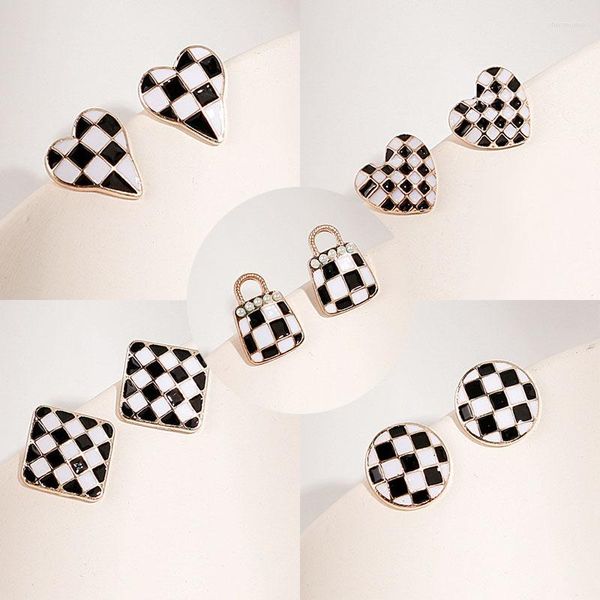 Boucles d'oreilles à la mode rétro noir blanc grille coeur géométrique en forme d'émail oreille bijoux cadeaux de fête pour les femmes filles