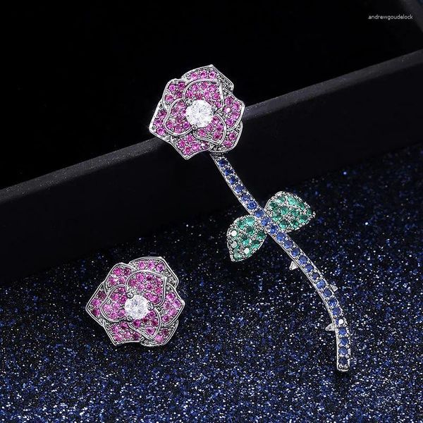 Boucles d'oreilles tendance couleur argent CZ cristal pour femmes filles Rose fleur vert rouge bleu cadeau goutte bijoux en gros