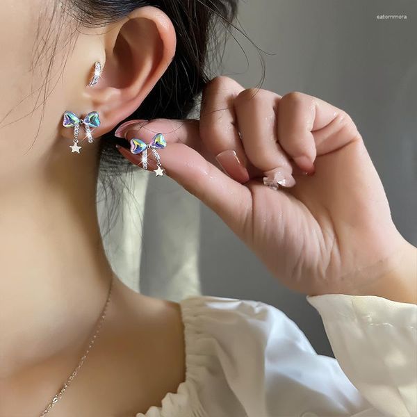 Boucles d'oreilles tendance couleur argent, pierre de lune, nœud papillon, ruban étoile pour femmes et filles, cadeau, bijoux à la mode, livraison directe, vente en gros