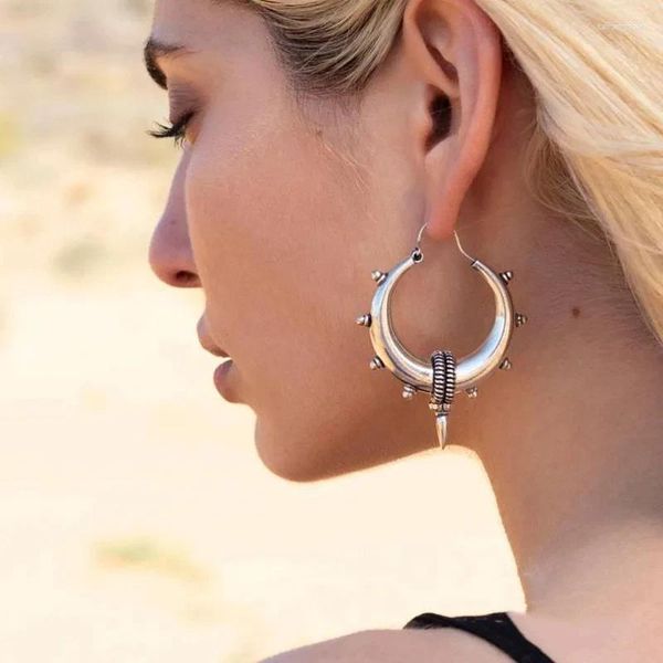 Boucles d'oreilles étalon punk argenté à la mode pour les femmes en métal antique en métal pointu Hip Hop Hoop Gypsy Bijoux