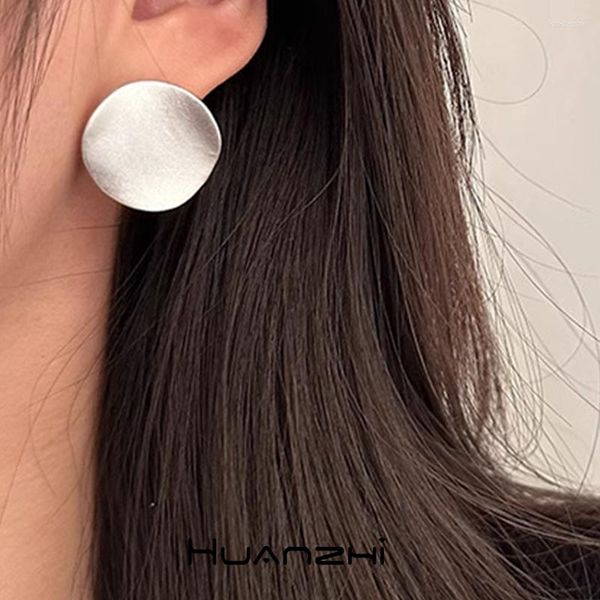 HUANZHI – boucles d'oreilles tendance pour femmes, Simple, irrégulière, Texture Alien, couleur argent mat, métal, bijoux quotidiens